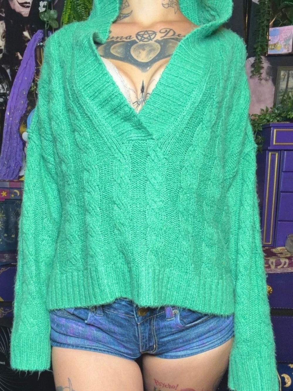 American Eagle Green Cable Knit Hooded V Neck Sweater Hoodie